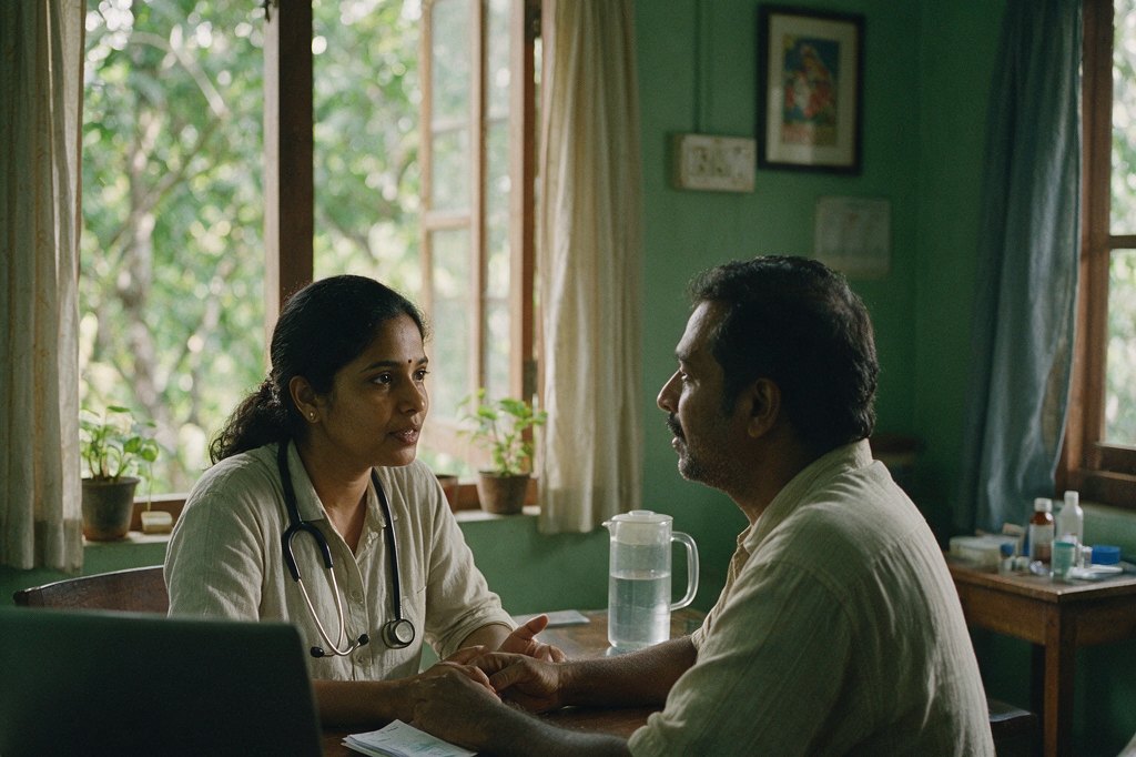 A doctor talking with a patient across a desk in a clinic room.