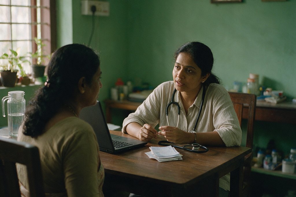 A doctor listening to a patient in a consulting room.